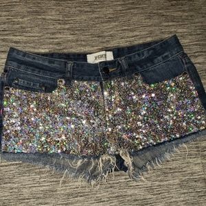PINK sequin denim shorts